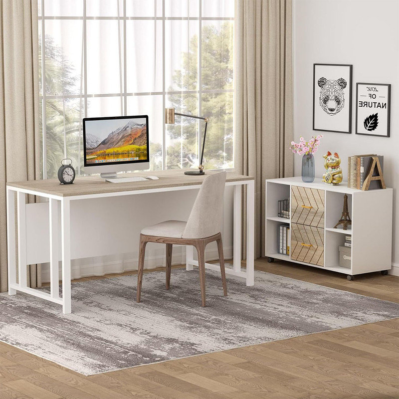 Wheeled File Cabinet with 2 Drawer, Large Mobile Lateral Filing Cabinet for Letter Size, Printer Stand with Storage Shelves for Home Office (White)