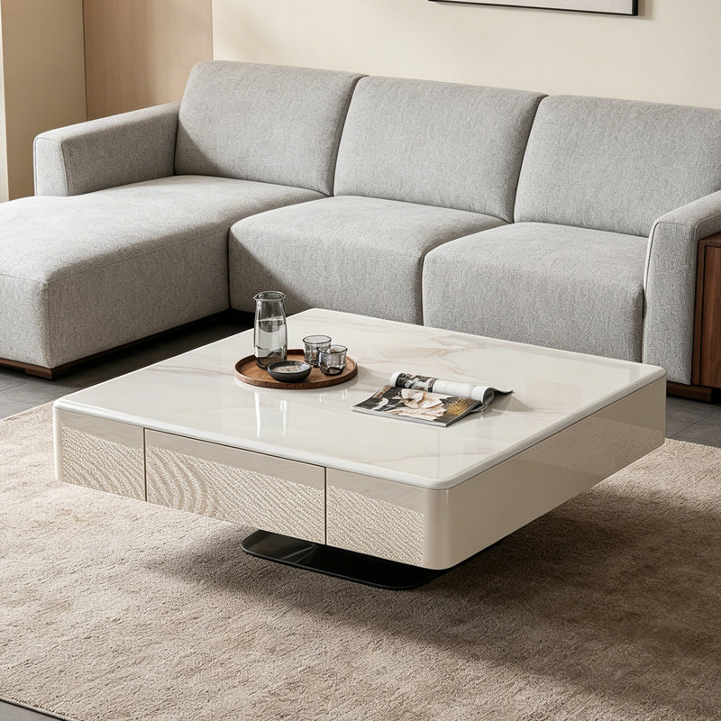 Table basse italienne en pierre carrée micro-cristalline, H 16,5 po x L 31,5 po x l 31,5 po, Blanc