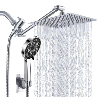 Shower Head, Rain Shower Head With Handheld Spray Combo And Adjustable Extension Arm, 3-Way Flow Regulator, High Pressure Rain Fall Hose