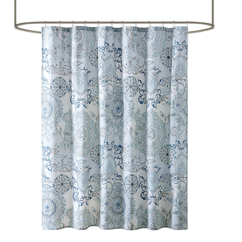 Printed Cotton Shower Curtain, Blue