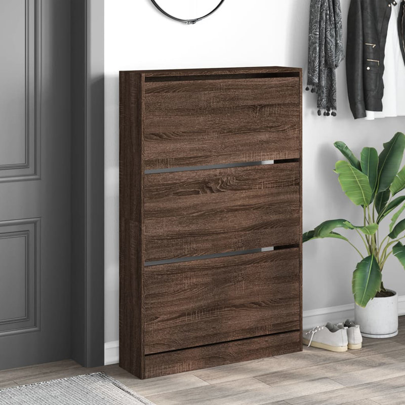 6 Pair Shoe Storage Cabinet, Brown Oak