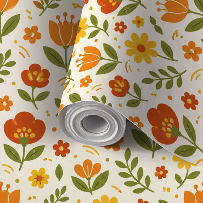 Papier peint auto-adhésif à peler et coller rétro-floral orange jaune vert fleurs décoratives auto-adhésives et amovibles 17,7 po x 118 po (45 x 300 cm)