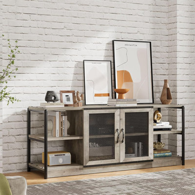Meuble télé 63 po pour téléviseur de 75 po ou moins, meuble télé avec armoires à portes grillagées et tablettes de rangement ouvertes, console multimédia pour le salon