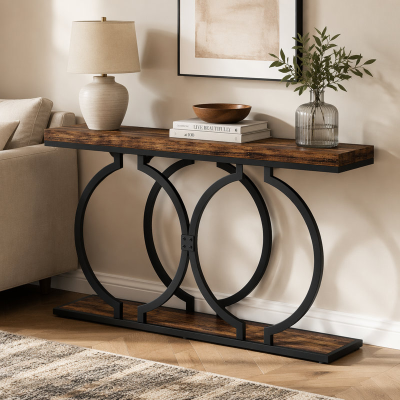 Console de 140 cm (55 po), table d'entrée étroite avec cadre en métal géométrique, Black / Brown