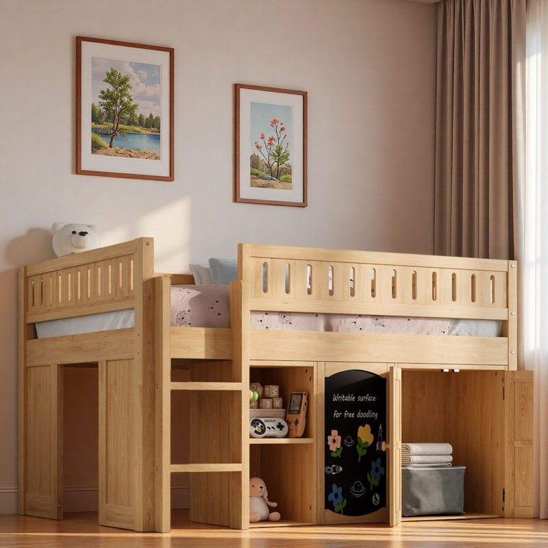 Lit mezzanine avec armoire à deux portes, tablettes ouvertes et panneau noir, Naturel / naturel