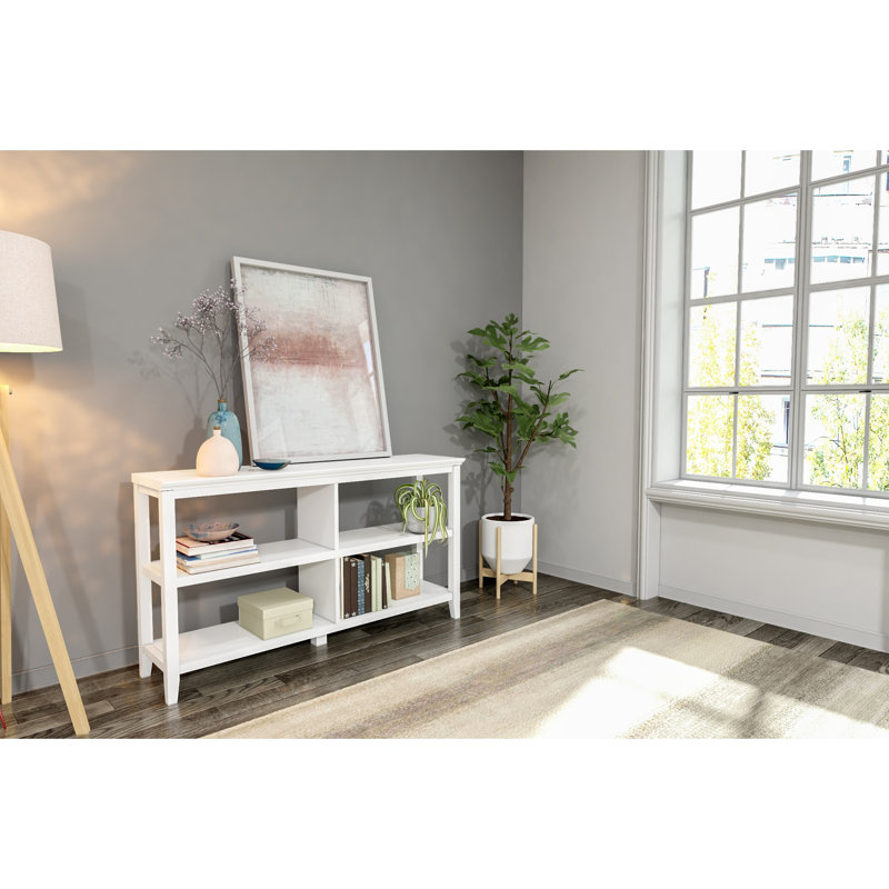 Bibliothèque classique blanche à profil bas avec 2 tablettes compactes et étagères en bois massif multi-usage