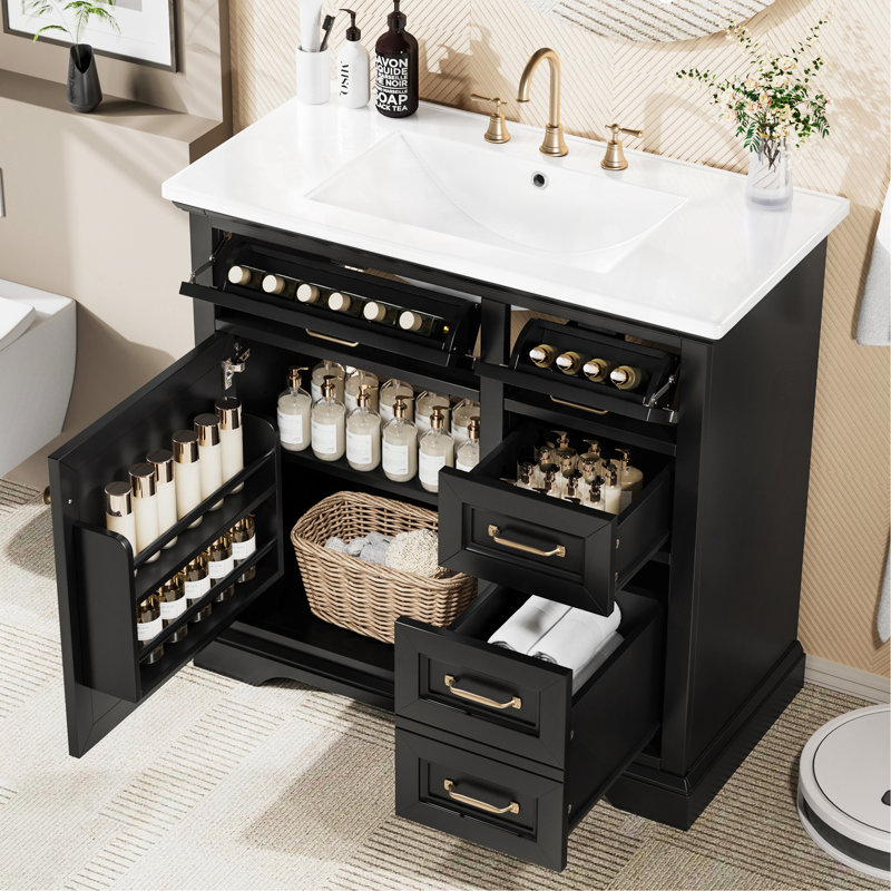 Meuble-lavabo 36 po avec lavabo, lavabo en céramique, 2 tiroirs basculants, charnières de porte à fermeture en douceur, noir