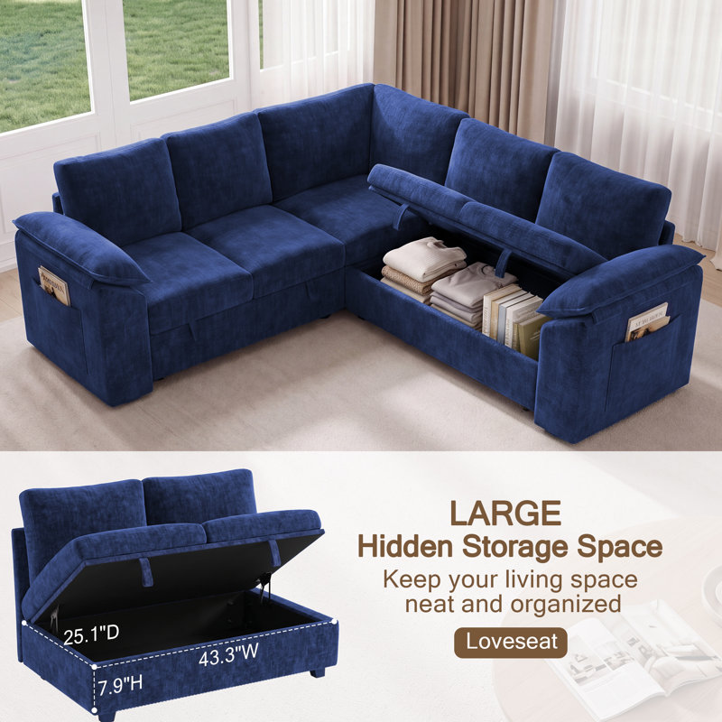 Canapé d'angle convertible de 217 cm avec lit gigogne, canapé en L avec méridienne de rangement pour salon, Blue