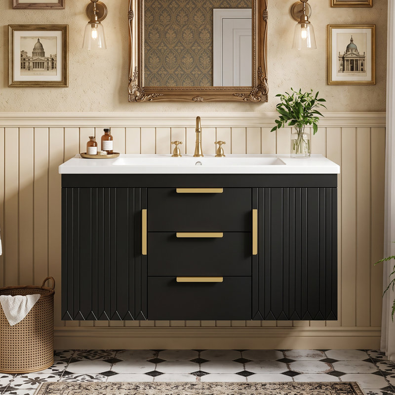 Meuble-lavabo mural simple 36 po avec plateau en résine, Blanc