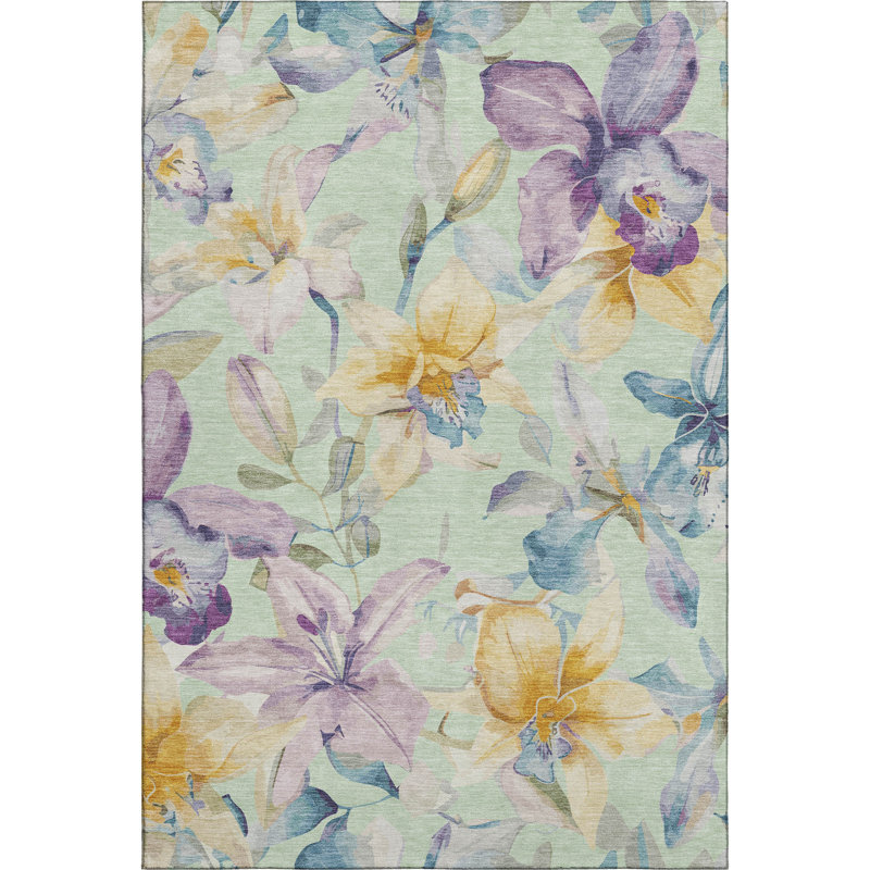 Premium Machine Washable Mayfield AMF2262 Floral Rug, Mint, 10' x 14'