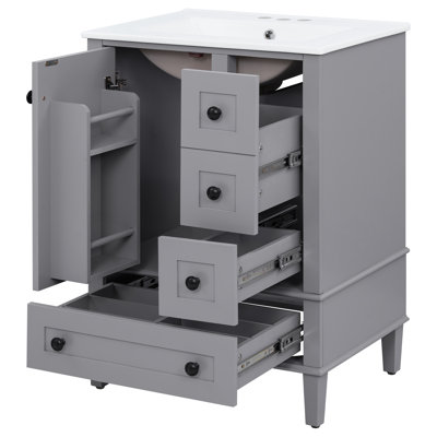 Meuble-lavabo simple Prestwick de 61 cm (24 po) en gris pierre avec comptoir en céramique blanche, portes de style Shaker et rangement à fermeture amortie