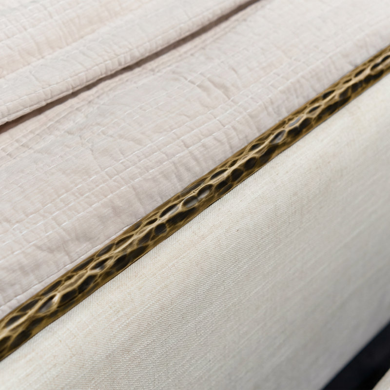 Lalia Modern Beige Upholstered Hammered Metal Camelback Bed, Matte Gold, Queen