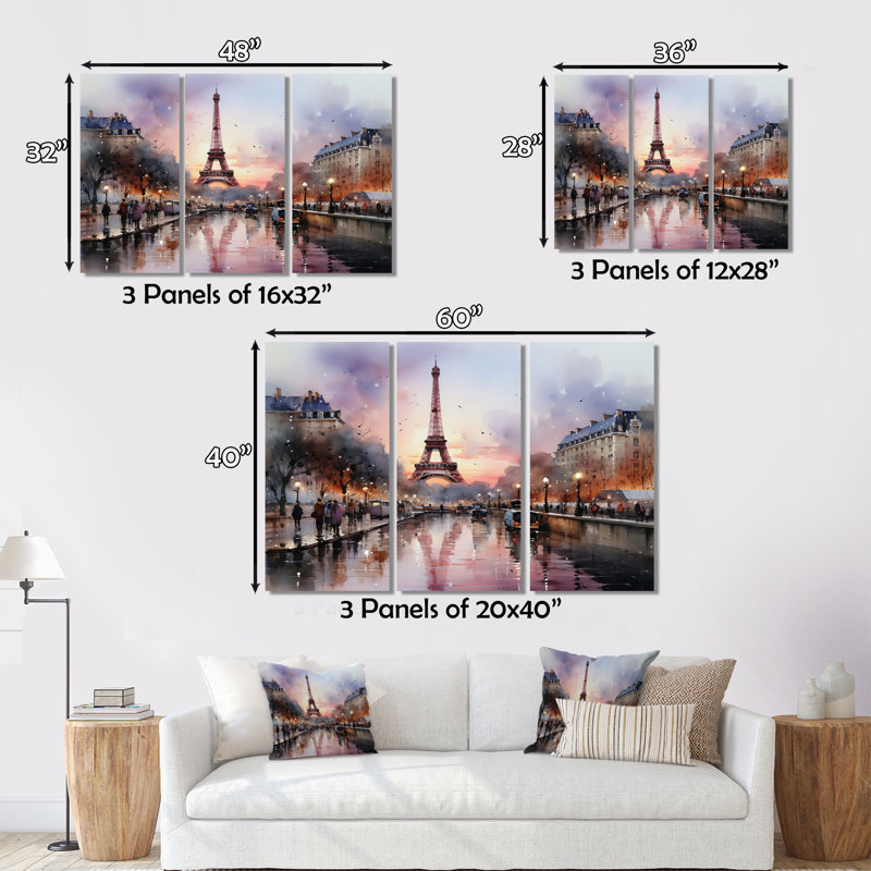 " Pink Twilight Rendezvous In Paris III " 3 - Pieces, 40" H x 60" W x 1" D