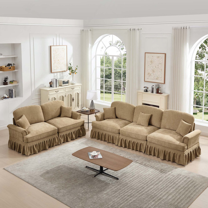 Ensemble de canapé en chenille 2 + 3 places avec volants amovibles pour 2 styles, dossier segmenté et configurations multiples