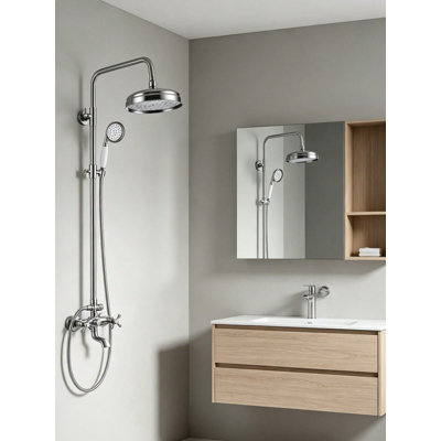 Système de douche apparent en nickel brossé avec bec de baignoire pivotant, ensemble de robinetterie de douche, pommeau de douche effet pluie de 20 cm avec douchette, double poignée en croix
