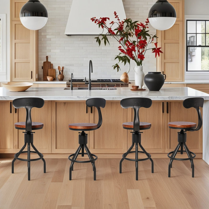 Rustic Industrial Bar Stool-23.4-33In Tall Adjustable Metal Swivel Wooden Top Barstools-Counter Height Bar Height-Vintage Farmhouse Kitchen Breakfast Cafe Stool-With Backrest