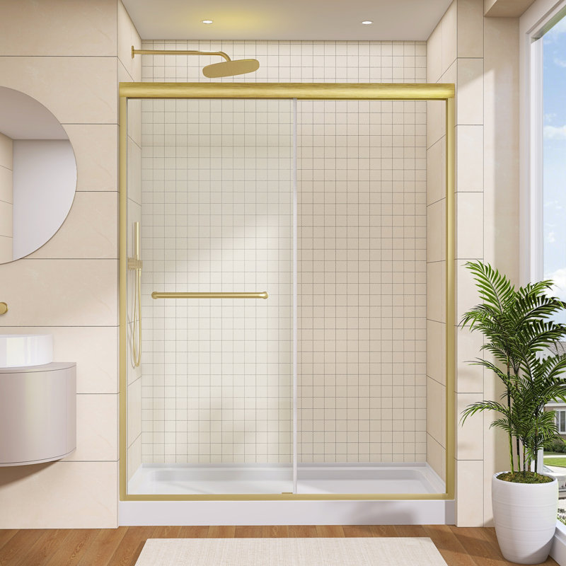Porte de douche coulissante double 56 "- l 60" x H 75 "avec cadre en aluminium brossé moderne et verre trempé 5/16"