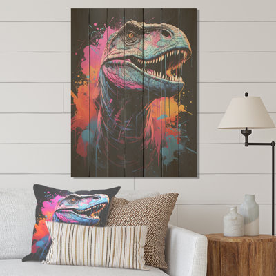Portrait de dinosaure préhistorique bleu et mauve - dinosaure sur bois
