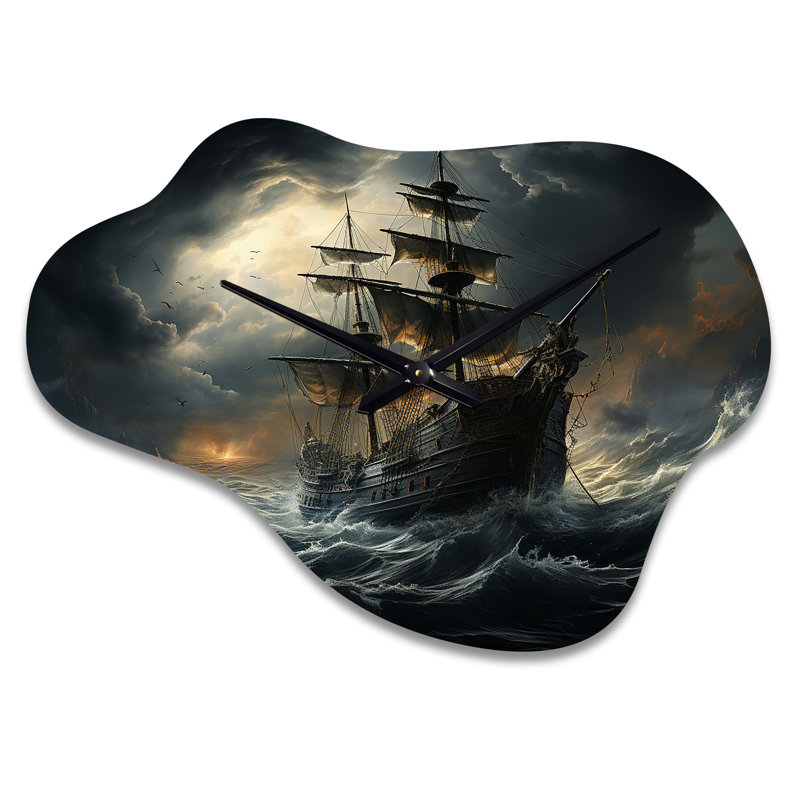 «Dalonta Pirate Ship At Stormy Seas» - horloge murale asymétrique en métal, impression horloge murale grise, Petit
