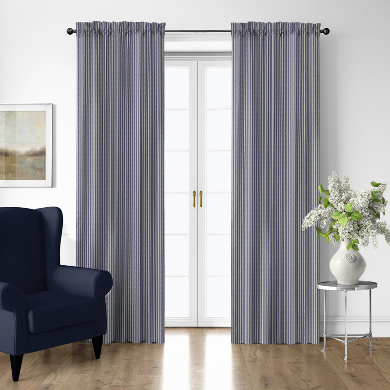 Walker Ticking Stripe Indigo/White Cotton Rod Pocket Drapery Panel Set of 2, Indigo/Ivory, 50" W x 108" L