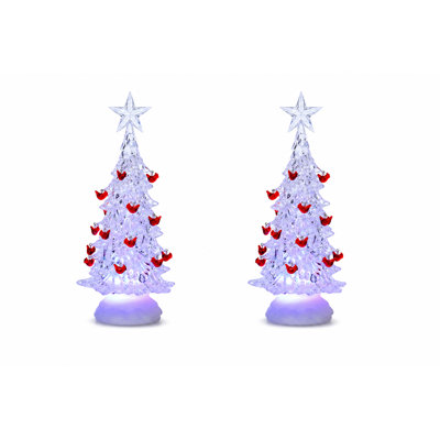 Set of 2 LED Lighted Cardinal Crystal Christmas Trees with Star Toppers, Holiday