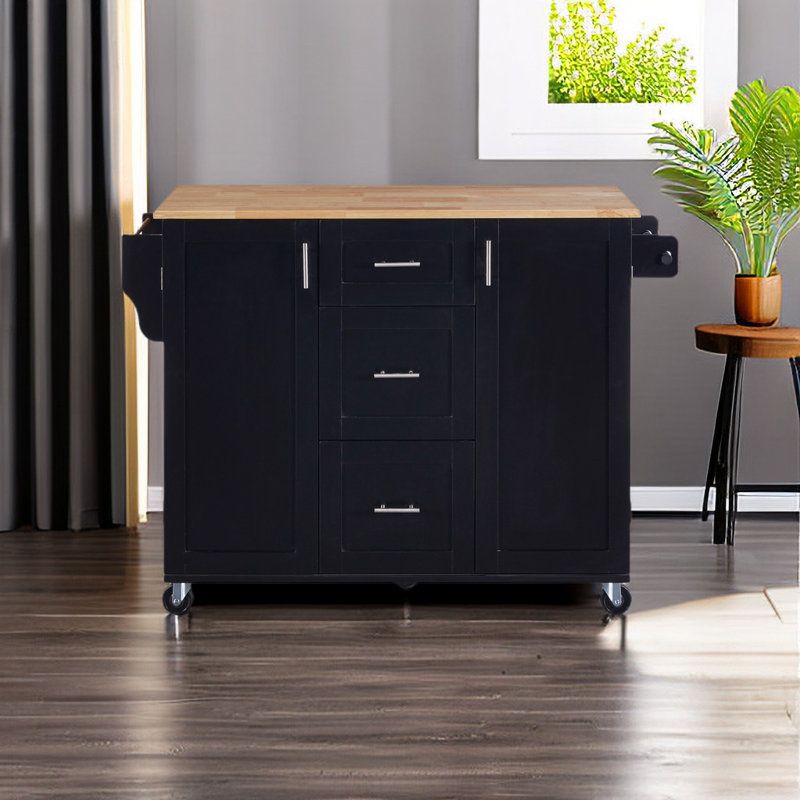 Chariot de cuisine avec plateau en bois manufacturé Rosinda, Noir
