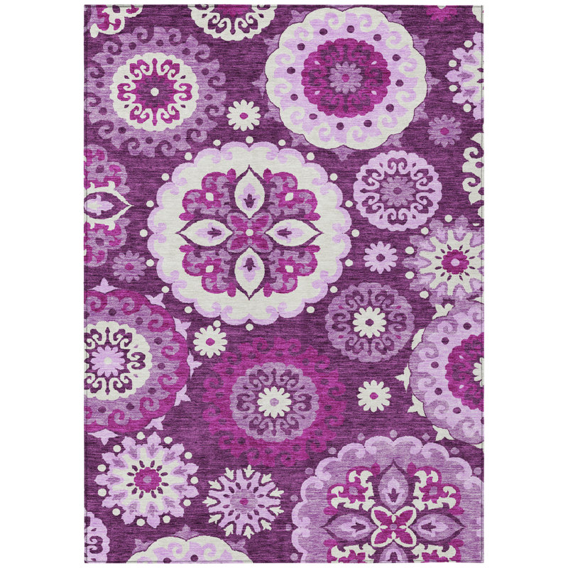 Tapis intérieur lavable à motif médaillon floral 3 pi x 5 pi aubergine