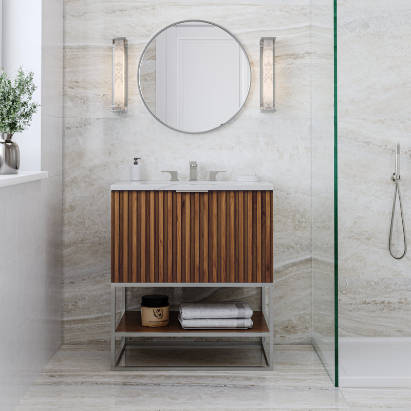 Terra 30'' W Single Vanity, Walnut, Brushed Nickel, Calacatta Quartz/Widespread Faucet Mount