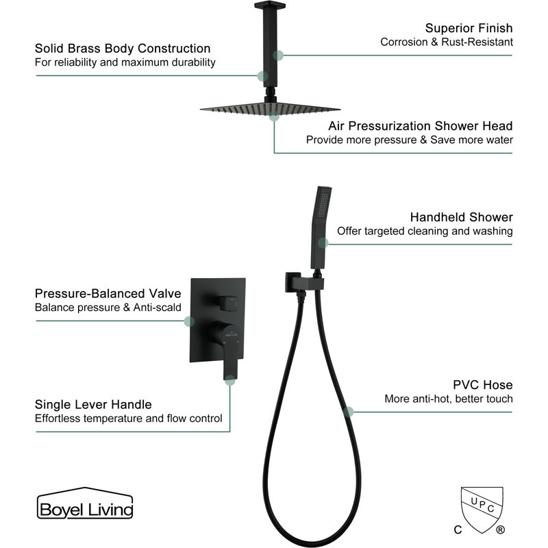 Système de douche complet avec valve brute, Noir