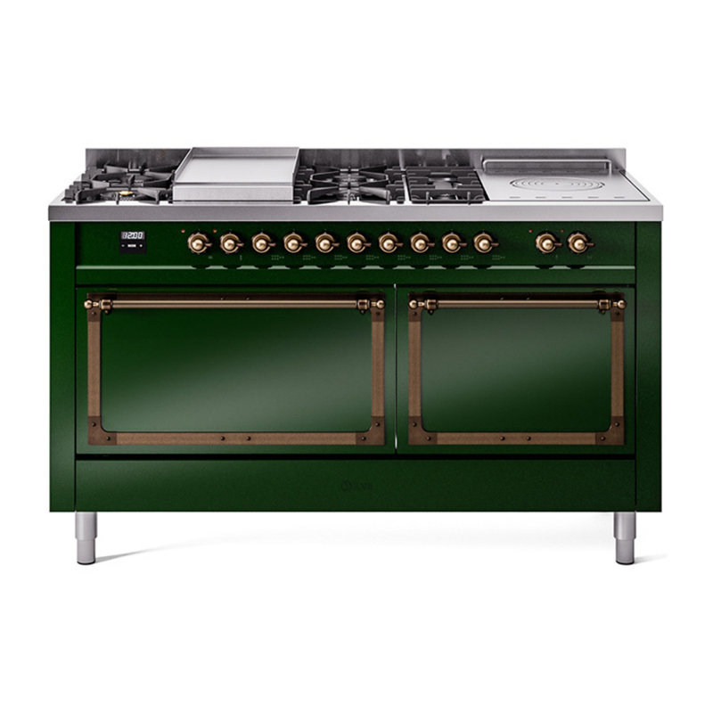 ILVE Nostalgie II Noblesse 60 in Dual Fuel Range 7 Burner, Griddle, Frenchtop, Emerald Green/Burnished, Natural Gas