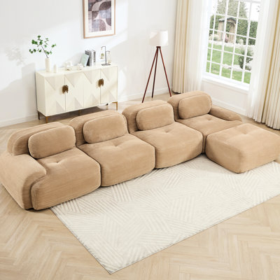 Chameau, 4, modulaire, éponge 32d, base coulissante, incurvé, multi-combinaison en forme de L de couleur chameau avec tissu en velours côtelé, éponge haute, conception antidérapante, sans assemblage pour les salles de presse