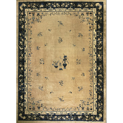 Wool Knotted Chinese - Peking Room Size 1920s Rectangle Antique Ivory Rug