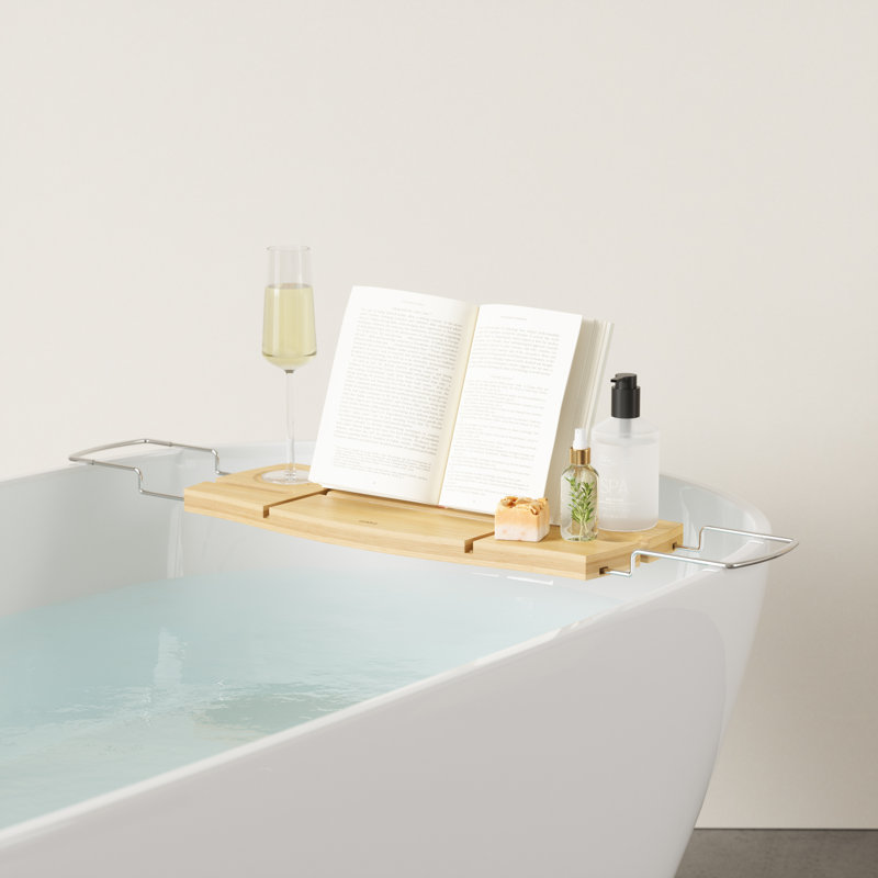Luxury Bamboo Freestanding Bathtub Caddy with Wine Glass Holder
