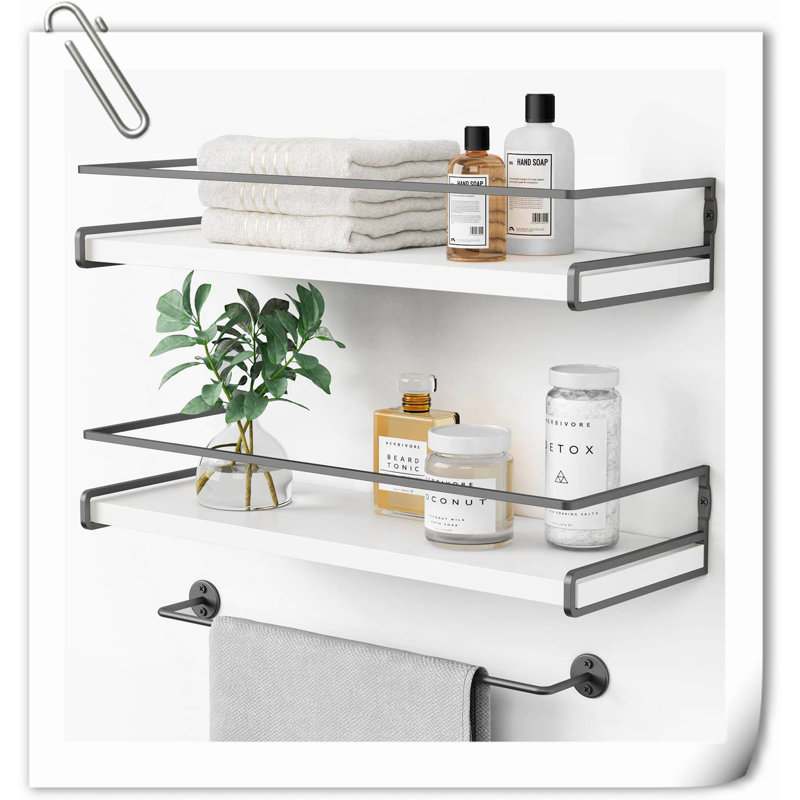 Floating Bathroom Shelves Wall Mounted, Modern Bathroom Organizer with Tower Bar,Set of 2, White/Gray