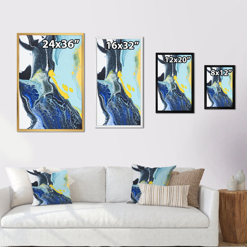 Art sur toile noir, bleu et jaune - art mural moderne et contemporain sur toile, H 32 po x l 16 po x P 1 po
