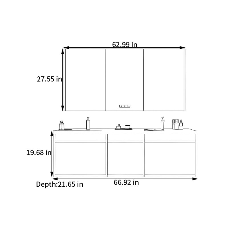 Armoire de salle de bain à double cuve de style moyen-ancien, Noyer, H 19,68 po x l 66,92 po x P 21,65 po