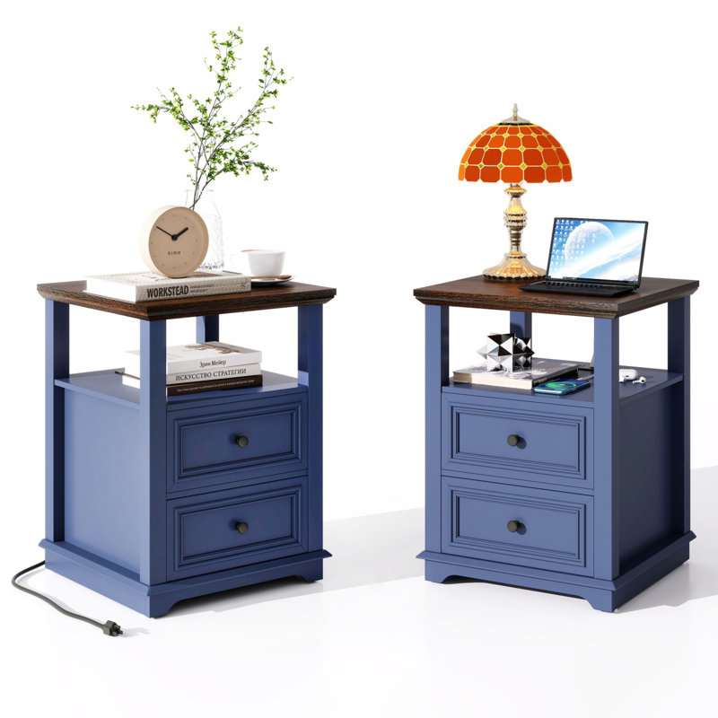 Tables de chevet 2 tiroirs avec rangement et prises intégrées Lark Manor Deiren, Bleu, Ensemble de 2