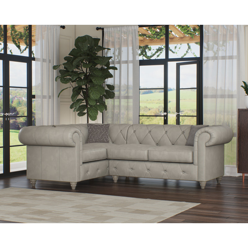 Melrose 3 Seater Leather Corner Sofa , Left Hand Facing, Cloud Grey, Washed Oak