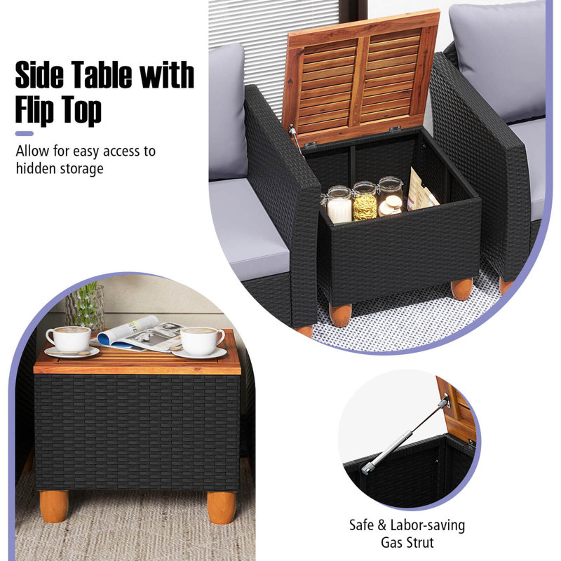 Ensemble de 3 meubles de bistro en rotin, Gris, Noir, noir, noir, noir