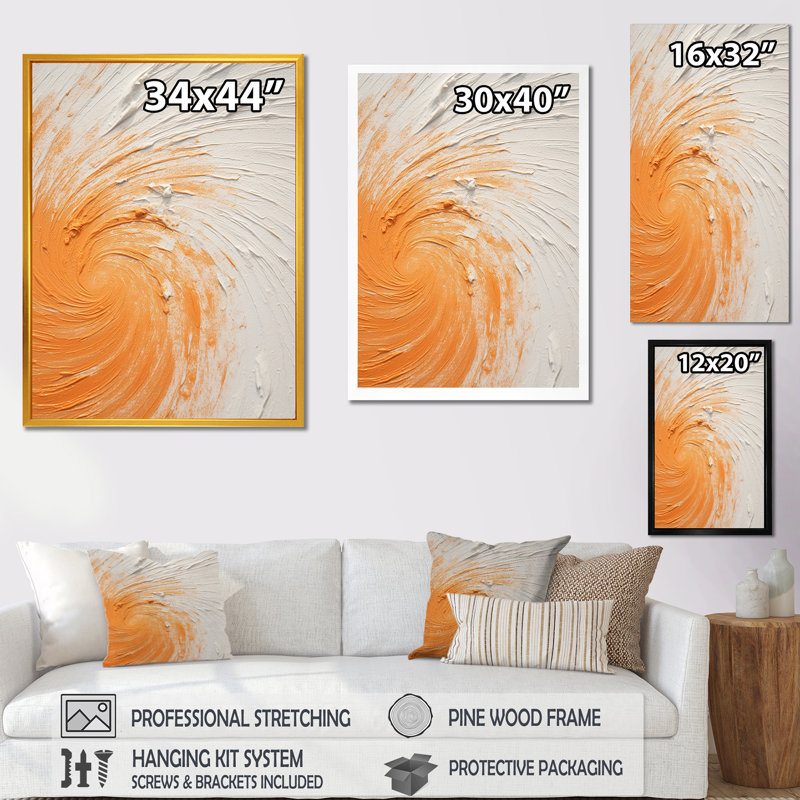 Orange et blanc, spirale minimale - spirale abstraite, art mural, Cadre flottant doré, H 20 po x l 12 po x P 1 po