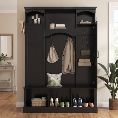 Portemanteau moderne tout-en-un avec tablettes ajustables ; banc de rangement classique de style champêtre avec double compartiment latéral ; élégant porte-manteau d'entrée équipé de 7 crochets, idéal pour les vestibules et les corridors, noir