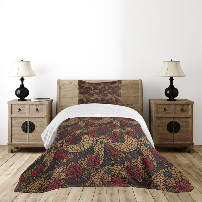 Jade Green and Sand Brown Traditional Dragon Bedspread Set