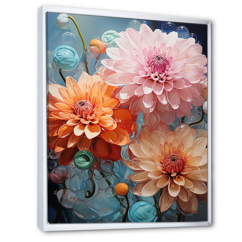 Zinnias roses et orange transparentes sur toile, H 44 po x l 34 po x P 1,5 po, Cadre flottant blanc