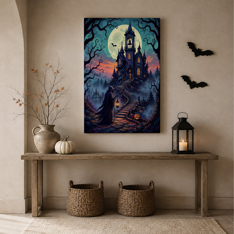 Impression sur toile, "Château gothique sous la pleine lune", H 24 po x l 16 po