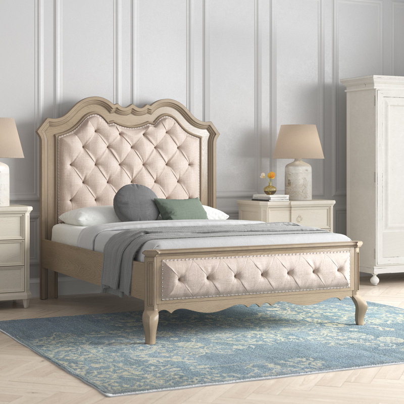 Lit à panneau tapissier Roberto en beige et taupe antique, Grand