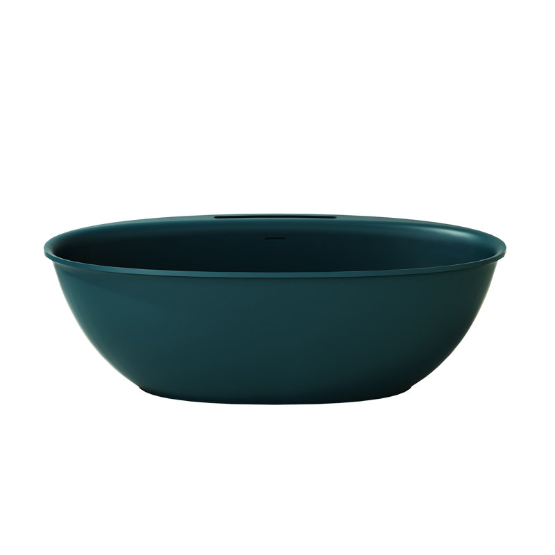 63" L Solid Surface Stone Freestanding Soaking Bathtub with Towel Rack, Emerald Forest