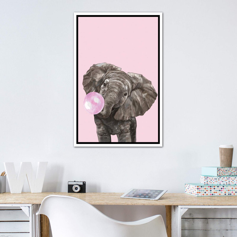 Art d’éléphant de gomme à bulles, Toile blanche encadrée, H 48 po x l 32 po x P 1,5 po