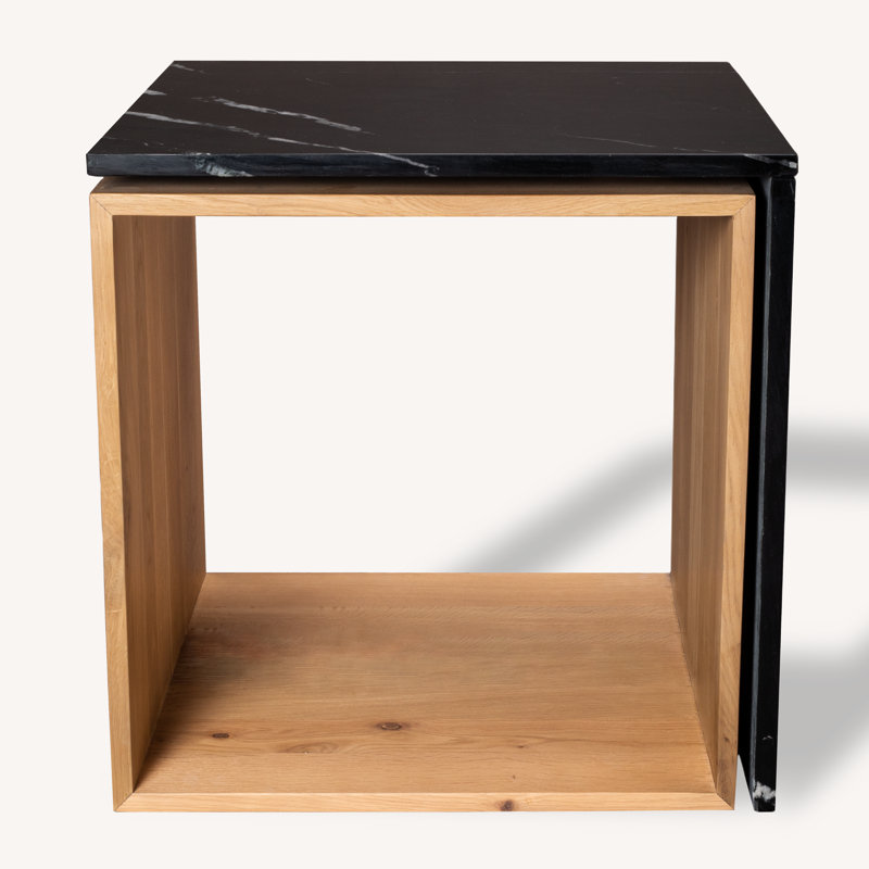 Authentic Italian Marble with Natural Oak Wood Occasional Table / Night Stand, Black, Tan