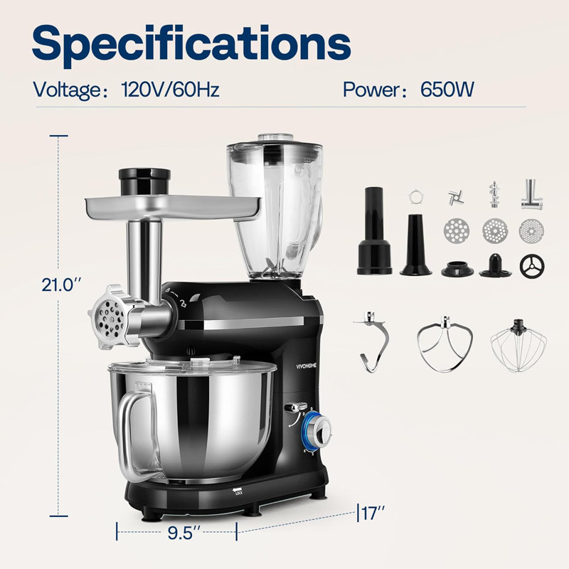 6 QT. 6 Speed 3 in 1 Multifunctional Stand Mixer with Meat Grinder and Juice Blender, Black