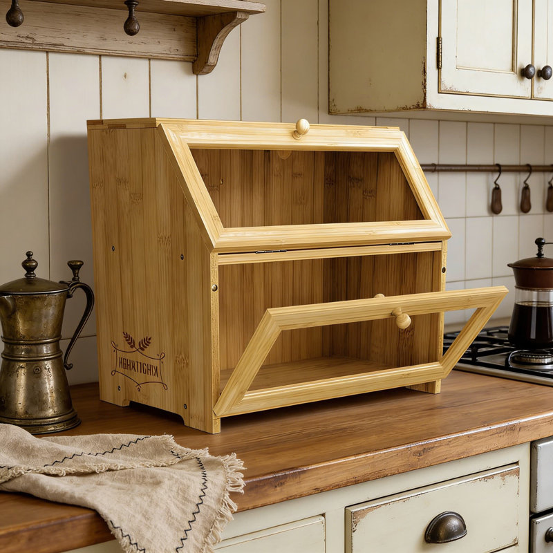 Bamboo Bread Box With Flat Top Design - 2-Tier Rustic Bread Storage Bin For Countertop, Saves Space While Storing Bread, Cakes, And Baked Goods